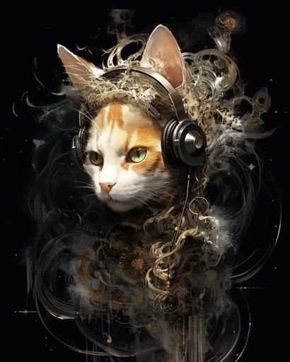 Beautiful cat wearing snail headphones style of yoji shinkawa and Zdzisław Beksiński, lucid vision of visual kei, asterism, feculent discharge, cyanotype, altar of kei madness, draining crimson exsanguination, encaustic, highly detailed and intricate, golden ratio, ornate, breathtaking epic, album cover ancient ominous lightin --ar 4:5