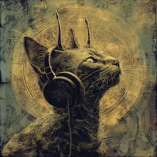 Beautiful cat wearing snail headphones style of yoji shinkawa and Zdzisław Beksiński, lucid vision of visual kei, feculent discharge, cyanotype, altar of kei madness, draining crimson exsanguination, encaustic, highly detailed and intricate, golden ratio, ornate, breathtaking epic, album cover ancient ominous lighting --v 6.0