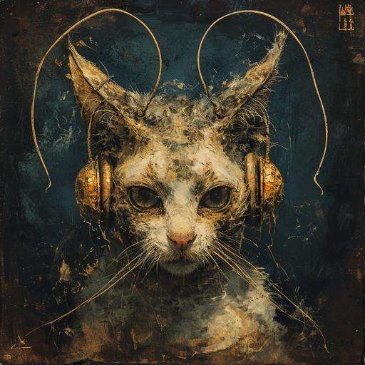 Beautiful cat wearing snail headphones style of yoji shinkawa and Zdzisław Beksiński, lucid vision of visual kei, feculent discharge, cyanotype, altar of kei madness, draining crimson exsanguination, encaustic, highly detailed and intricate, golden ratio, ornate, breathtaking epic, album cover ancient ominous lighting --v 6.0