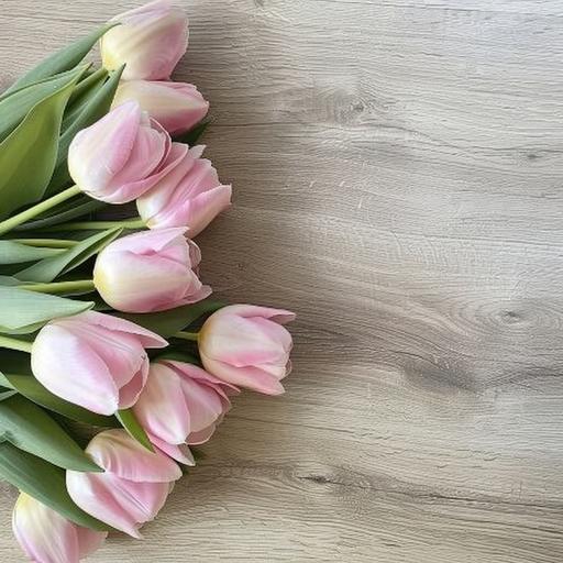 Beautiful composition spring flowers. Bouquet of pink tulips flowers on on a new laminate with a matte beige oak texture. Valentine's Day, Easter, Birthday, Happy Women's Day, Mother's Day. Flat lay, top view, copy space, Bright color, realistic --v 6.0 --style raw