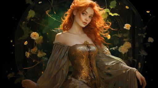 Beautiful copper-haired woman, floral design background, cinematic illustration in the style of Hajime Sorayama, showing highly detailed fantasy peasant dress, good witch, nature magic, lighting and careful attention to pores and hair, full body look. --ar 16:9