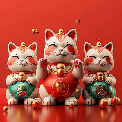 Beautiful detailed 3 view of a lucky cat IP figure character, look cool, modern fashion style, popmart, with shocking and sharp color, stylish, trendy, funny, eye catching, fortune, rich with normal fortune cat poses --s 250