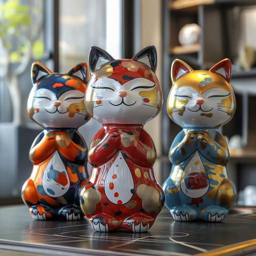 Beautiful detailed 3 view of a lucky cat IP figure character, look cool, body with ink spash, shocking colour combination, modern fashion style, popmart, with shocking and sharp color, stylish, trendy, funny, eye catching, fortune, rich with normal fortune cat poses, in 100%white background --s 250 --v 6.0