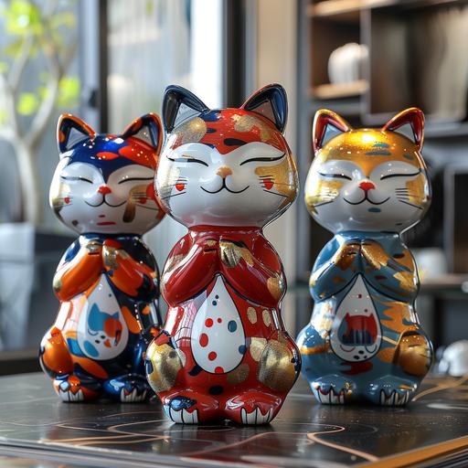 Beautiful detailed 3 view of a lucky cat IP figure character, look cool, body with ink spash, shocking colour combination, modern fashion style, popmart, with shocking and sharp color, stylish, trendy, funny, eye catching, fortune, rich with normal fortune cat poses, in 100%white background --s 250