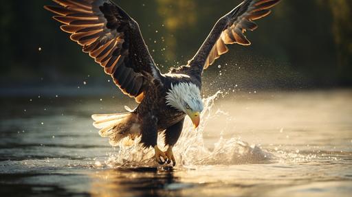 Beautiful eagle catching a fish, cinematic lighting, closeup, slow motion , professional color grading, soft shadows, no contrast, clean sharp focus, film photography --ar 16:9