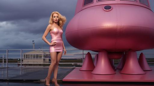 Beautiful goddess Jeri Ryan, long legs wearing thigh high pink suede boots and a pink latex mini dress, standing in front of an airship at a dockside, stormy skies behind, full body photograph, whole length photograph, Symmetrical features, Nordic features, style of Porlus Maelstrom, Full body image, perfect body, 64k resolution photorealistic, dynamic lighting, hyperdetailed, intricately detailed, exquisite photograph triadic colours volumetric lighting, DSLR dynamic lighting VRay photorealistic, polished, poorly drawn face, bad anatomy, deformed, HDR composite photograph, ar16:9, f1.8, 50mm, DofF,--v 5.1 --q 2 --s 250 --ar 16:9