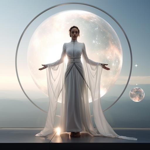 Beautiful heliocentric goddess, cinematic environment, full body, photorealistic, minimal wear, transparent silk dress, evocative pose
