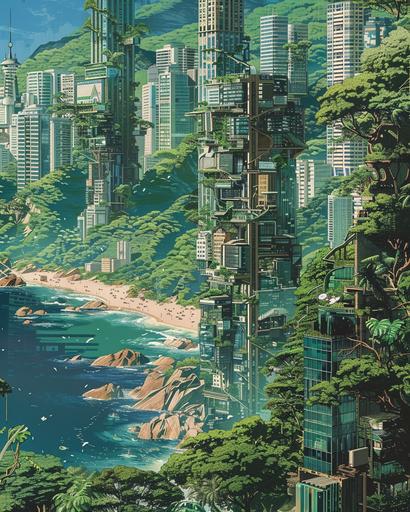 Beautiful illustration of brazilian brutalist city architecture, Rio de Janeiro, ocean, skyscrapers, glass buildings, futuristic, jungle, moss and vines after thousand years, post apocaliptic, naturecore, anime, hayao miyazaki, moebius, katsuhiro otomo, detailed, sense of wonder --ar 4:5 --v 6.0