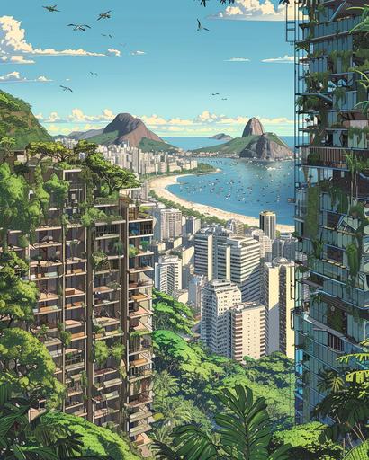 Beautiful illustration of brazilian brutalist city architecture, Rio de Janeiro, ocean, skyscrapers, glass buildings, futuristic, jungle, moss and vines after thousand years, post apocaliptic, naturecore, anime, hayao miyazaki, moebius, katsuhiro otomo, detailed, sense of wonder --ar 4:5 --v 6.0