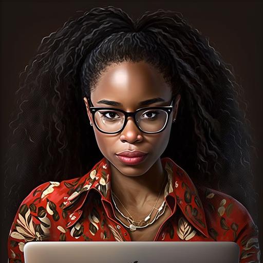 Beautiful light Brown skin African American woman age 30 with straight black long hair, wearing red lipstick, wearing leopard print blouse, wearing glasses, sitting at office desk with MacBook computer. Black background realistic skin. V~~5