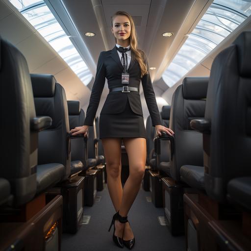 Beautiful, long-legged, female flight attendant, black, with high heels, happy, wide-angle cinematic Canon EOS 1DX Mark I --v 5.2