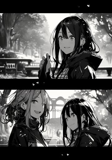 Beautiful manga Line Art Black and White manga style, one line shaded dipped pen, thick inked lines full frame, comic panel layout, multi split panels, text and speech bubbles, screentone, 2 beautiful women is happily playing in the park, 18 years old, dramatic atmosphere, high detail, photorealistic, natural lighting, thick eye lines, thick nose lines thick lip lines, 2020's doujin, Maximum high definition, three dimensional face shadow, Leiji Matsumoto style panel layout, unstable asymmetric picture screen layout, horizon slightly slanted angle, --niji 5 --q 5 --ar 10000:14142 --s 1000  --chaos 1 --style scenic