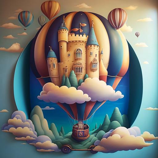Beautiful mural painting for kids room with castle in the clouds, fayalite , beautiful, kids room, hot air balloon, cartoon, 4k, detalis, colourful
