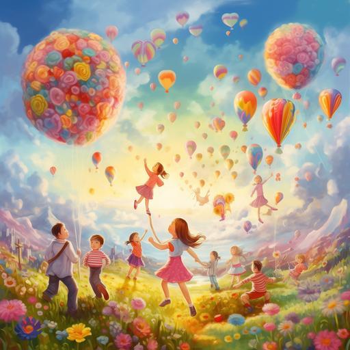 Beautiful nature, traveling family, singing happily, sunny, gentle breeze. Balloons, candy-colored clouds, floating, happy singing children, group. Angels, fairies, sparkling starry sky, adventurous, children, smiles. Flower field, colorful flowers, walking happily, children, smiles, fragrant. Flying balloons, playful clouds, sky, playing children, cheerful music. Picnic, delicious treats, fruits, happy singing, children, surrounded. Magic bridge, sparkling lake, singing children, magical atmosphere. Open nature, singing children, friends, smiles, trees, flowers, stream. Floating balloons, donuts, sky, happy singing children, candy colors. Forest, singing animals, children, harmony, nature. --v 5.0
