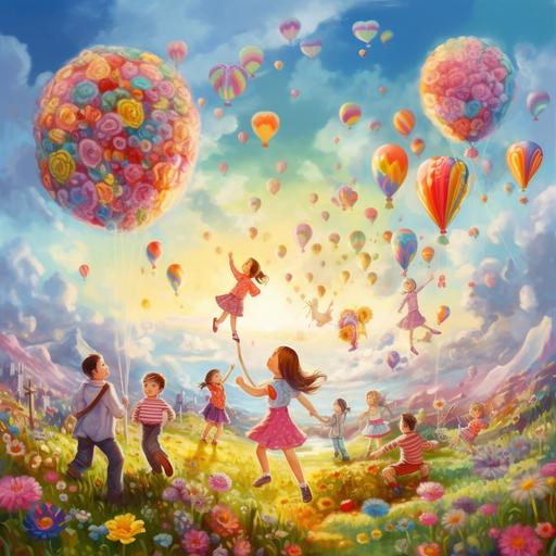 Beautiful nature, traveling family, singing happily, sunny, gentle breeze. Balloons, candy-colored clouds, floating, happy singing children, group. Angels, fairies, sparkling starry sky, adventurous, children, smiles. Flower field, colorful flowers, walking happily, children, smiles, fragrant. Flying balloons, playful clouds, sky, playing children, cheerful music. Picnic, delicious treats, fruits, happy singing, children, surrounded. Magic bridge, sparkling lake, singing children, magical atmosphere. Open nature, singing children, friends, smiles, trees, flowers, stream. Floating balloons, donuts, sky, happy singing children, candy colors. Forest, singing animals, children, harmony, nature. --v 5.0