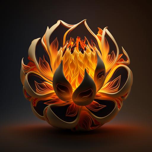 Beautiful orange lotus, quickly spins, surrounded by orange white and yellow flame in its heart, becomes a ball of fire, 3d, ultrahigh definition, ultradetail, ultrawide angle, lighting, soft light, ray tracing, depth of field, full body image, cg rendering, 3d effect, 8k, justin gerrard, perfect art, ultra high definition 4k