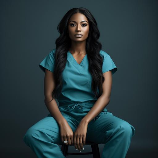 Beautiful realistic black woman long hair photoshoot wearing teal blue scrubs black shoes sitting ultra realistic stable diffusion f/1.8 on a canon eos mark iv dslr camera