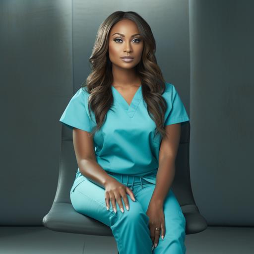 Beautiful realistic black woman long hair photoshoot wearing teal blue scrubs black shoes sitting ultra realistic stable diffusion f/1.8 on a canon eos mark iv dslr camera