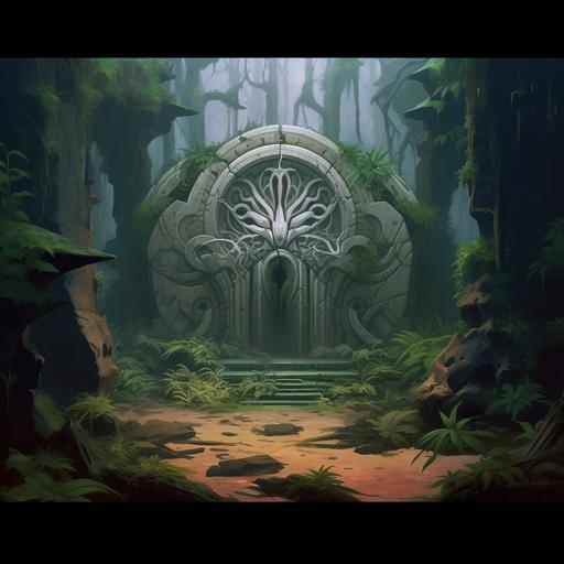 Beautiful realistic painting of a magical stone portal carved into a rock, entwined with a mandala made of white spider threads and dense tropical vines in the middle of Alien tropical jungle Dupont in the style of h. r. Giger with unusual extraterrestrial plants, a orchid flower is a bird or a thorn bush with berries where the thorn rope is actually a snake. at the top of the cave are symbols similar to Aztec hieroglyphs. Isometric perspective, the camera is positioned at a 30 degree angle from left to right. In the style of League of Legends, high - quality, attention to detail