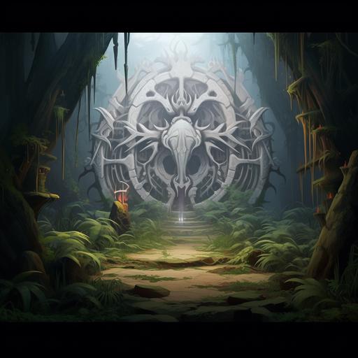 Beautiful realistic painting of a magical stone portal carved into a rock, entwined with a mandala made of white spider threads and dense tropical vines in the middle of Alien tropical jungle Dupont in the style of h. r. Giger with unusual extraterrestrial plants, a orchid flower is a bird or a thorn bush with berries where the thorn rope is actually a snake. at the top of the cave are symbols similar to Aztec hieroglyphs. Isometric perspective, the camera is positioned at a 30 degree angle from left to right, looking at the object from the side. In the style of League of Legends, high - quality, attention to detail