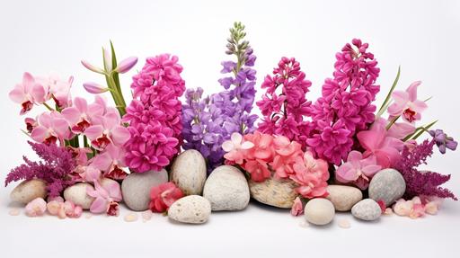 Beautiful scagliola rhynchostylis retusa pink, lavender, tulip, red rose, jasmine, Mexican tuberose, parijat, dendrobium roslii, 32k, studio photography --ar 16:9