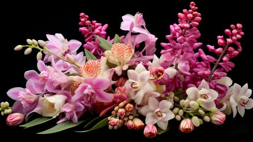 Beautiful scagliola rhynchostylis retusa pink, tulip, red rose, jasmine, Mexican tuberose, parijat, dendrobium roslii, 32k, studio photography --ar 16:9