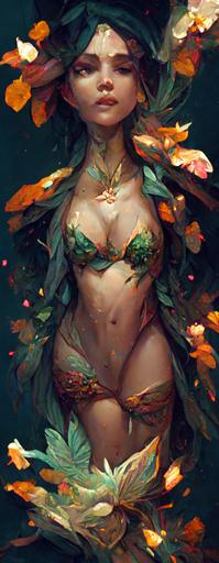 Beautiful sorceress tiny woman in tiny bikini made of leaves and flowers, accurate anatomy, only two hands, highly detailed, digital painting, artstation, concept art, smooth, sharp focus, illustration, unreal engine 5, 8k, art by ross tran and greg rutkowski and alphonse mucha --ar 2:10