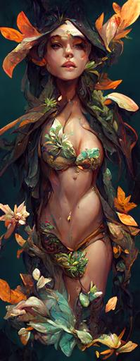 Beautiful sorceress tiny woman in tiny bikini made of leaves and flowers, accurate anatomy, only two hands, highly detailed, digital painting, artstation, concept art, smooth, sharp focus, illustration, unreal engine 5, 8k, art by ross tran and greg rutkowski and alphonse mucha --ar 2:10