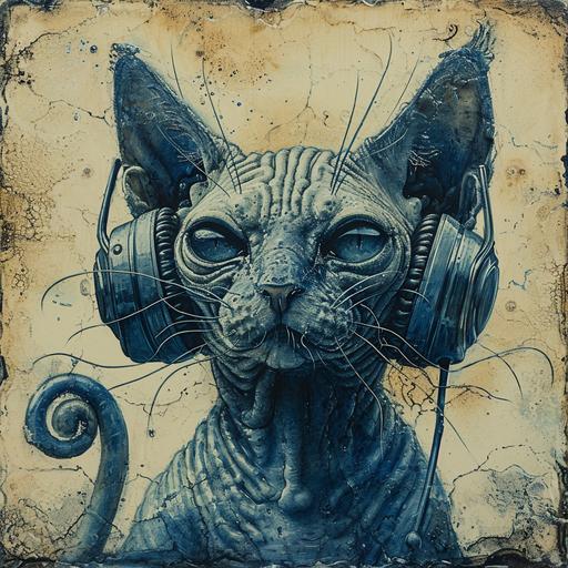 Beautiful stoneware cat wearing snail headphones style of yoji shinkawa and Zdzisław Beksiński, lucid vision of visual kei, feculent discharge, cyanotype, altar of kei madness, draining crimson exsanguination, encaustic, highly detailed and intricate, golden ratio, ornate, breathtaking epic, album cover ancient ominous lightin --v 6.0