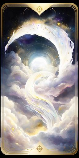Beautiful white iridescent tarot card backside, abstract galaxy, swirling clouds background, symbolism, nebula, flying sparkling golden confetti stars, ribbons, astrology, crescent moon, cinematic lighting, --ar 1:2