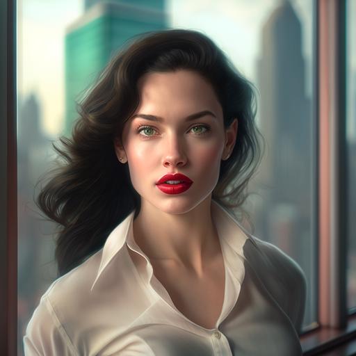 Beautiful woman, perfect body, shoulder length dark hair, red lipstick, white shirt, looking out the window. In the background skyscrapers. Ultra-realistic, 4K HDR