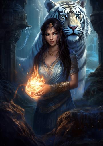 Beautiful woman with blue eyes, olive skin and flowing black hair, wearing a modest blue dress, holding a small blue flame in her hands, blue glow. A huge, glowing white tiger with golden eyes and dragon wings stands beside her in front of a towering epic ziggurat made of crystal reflecting the light from the flames The tiger is bigger and taller than the woman. They stand in front of a bright white palace. Ice swirls in the background. epic atmosphere, cinematic, digital painting in procreate, fantasy book cover painted by Charlie Bowater, Ross Tran, Miranda Meeks --ar 14:20 --v 5 --s 1000