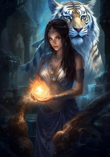 Beautiful woman with blue eyes, olive skin and flowing black hair, wearing a modest blue dress, holding a small blue flame in her hands, blue glow. A huge, glowing white tiger with golden eyes and dragon wings stands beside her in front of a towering epic ziggurat made of crystal reflecting the light from the flames The tiger is bigger and taller than the woman. They stand in front of a bright white palace. Ice swirls in the background. epic atmosphere, cinematic, digital painting in procreate, fantasy book cover painted by Charlie Bowater, Ross Tran, Miranda Meeks --ar 14:20 --v 5 --s 1000