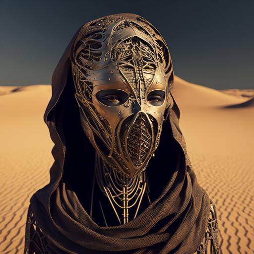 Bedouin woman with gold face skeleton mask. Vailed in wire dress standing in desert. Realistic, 8k