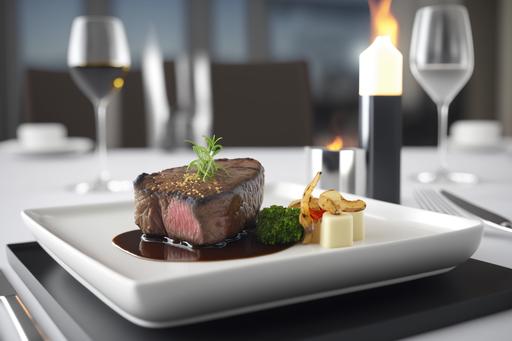 Beef steak on hot plate , white table in a white table of a high-end modern restaurant, bright atmosphere, Ultra realistic, photographed with a DSLR ,--v 5 --q 2 --ar 3:2
