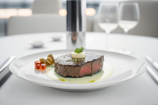 Beef steak on hot plate , white table in a white table of a high-end modern restaurant, bright atmosphere, Ultra realistic, photographed with a DSLR ,--v 5 --q 2 --ar 3:2
