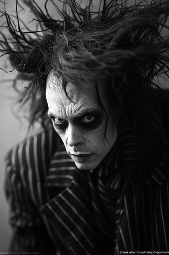 Beetlejuice as retrofuturistic film noir moivie, darkness and horror, black and white stipes, outrageous suit, crazy unkept hair, professional black and white photography, fashion glamour photo::1 splatter, blemishes, gray::-0.25 --ar 2:3 --v 6.0 --style raw --s 350