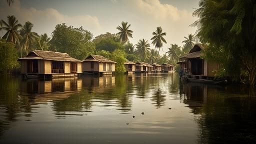 Behold the beauty of Alappuzha, where land and water embrace in a gentle dance, as the sun-kissed backwaters caress the shores, reflecting the sky's cerulean hues, while traditional houseboats glide along the tranquil canals, adorned with colorful ribbons and adorned with jasmine garlands, a symphony of serenity and grace, where time slows down and whispers ancient tales, Poetry, mixed media artwork with delicate paper cutouts and watercolor washes, --ar 16:9 --v 5