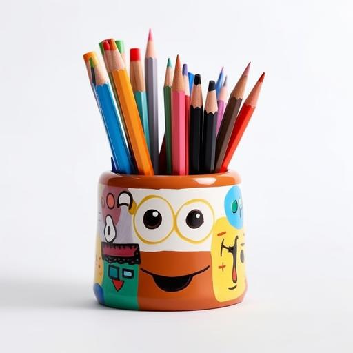 As a pencil holder, this piece carries all that positive and fun energy while helping to organize your pencils and pens in a creative and conscious way. The pencil holder is designed in the form of a stylized trash container, resembling the colorful waste bins from the illustration. Its container shape adds a unique touch, creating a playful and eye - catching design that complements the cheerful vibe of the artwork. It serves as a functional and decorative item, reminding us to properly dispose of our writing utensils while embracing a sustainable mindset. Format and design as Trash Container
