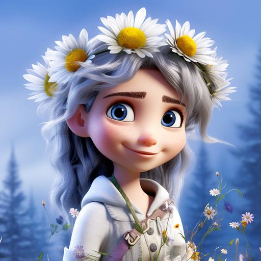 Edelweiss is a Winter flower with a face and body of a playful and mischievous girl, always finding new ways to have fun. With a love for games and a sense of humor, this character brings laughter and joy to those around her. Her facial expressions are mischievous and playful, conveying a sense of fun and adventure. mix of PIXAR cartton and ANIME cartoon. 2D, 8k