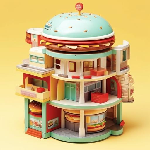Imagine a dollhouse that is ingeniously designed to resemble a mouthwatering McDonald's hamburger. This extraordinary dollhouse would be a whimsical representation of everyone's favorite fast food delight, with each layer of the burger housing a different room or play area. The top bun would serve as the roof, the bottom bun as the foundation, and in between, Barbie and Ken would discover an array of imaginative spaces. Inside, they would find a kitchen designed like a McDonald's food preparation area, complete with tiny grills, fryers, and condiment stations. The dining area would feature miniature tables and chairs adorned with the iconic McDonald's logo, while the play area could incorporate a mini slide or ball pit reminiscent of the restaurant's fun-filled play zones. This unique dollhouse would not only ignite children's creativity and storytelling but also celebrate their love for the iconic McDonald's experience in a playful and captivating way. --s 750