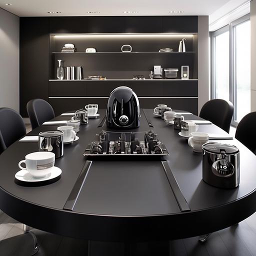 Imagine an exquisite setting--a tastefully decorated meeting room where the focal point is a sleek Nespresso coffee machine positioned on a pristine countertop. The coffee machine, featuring a black and platinum design, exudes elegance and refinement, perfectly capturing the essence of the Nespresso brand. Surrounding the machine are an array of meticulously arranged Nespresso capsules, each showcasing its vibrant color and unique flavor. The capsules create a visually striking display, complemented by soft lighting that accentuates their allure. Prominently displayed on the coffee machine is the Nespresso logo--a clear and distinct representation of the brand. The logo's precise lines and carefully chosen font convey a sense of sophistication and brand recognition. Together, the captivating presence of the coffee machine, the vibrant capsules, and the prominent Nespresso logo establish an ambiance of exclusivity and quality, inviting participants to experience the exceptional taste and refinement that Nespresso brings to every cup of coffee. --s 750