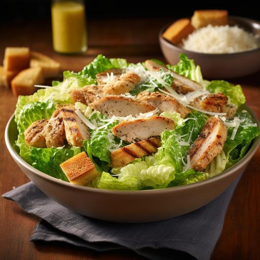 The food styling photo showcases a delightful Caesar salad featuring tender chicken strips and shaved Parmesan cheese. The salad is a harmonious blend of fresh and crisp romaine lettuce leaves, tossed in a creamy and tangy Caesar dressing. Nestled amongst the vibrant greens are succulent strips of grilled or roasted chicken, adding a savory protein element to the dish. The chicken is cooked to perfection, with a golden-brown exterior and a juicy, tender interior. Generous shavings of Parmesan cheese are sprinkled over the salad, adding a delightful nutty and salty flavor. The combination of textures and flavors creates a mouthwatering experience for the senses. The lighting in the photo is soft and diffused, illuminating the vibrant colors of the salad and enhancing the appetizing textures. The composition of the photo is carefully arranged, with the salad ingredients artfully positioned to showcase their visual appeal. A stylish salad bowl or plate can serve as the backdrop, adding a touch of elegance to the presentation. To capture the intricate details and textures of the salad, a DSLR camera like the Canon EOS 5D Mark IV, paired with a suitable lens, would be ideal. Experimenting with angles and depth of field can create different visual perspectives, inviting the viewer to imagine savoring the fresh and flavorful Caesar salad. Overall, the photo entices the viewer to indulge in the satisfying combination of a Caesar salad with juicy chicken strips and delectable Parmesan cheese. 8k. Kubrick style. --s 750