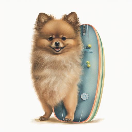 a draw in a Backbag The Pomeranian would be standing on a surfboard, with its front paws positioned on the edge of the board while its hind legs balance on the back of the board. It would be wearing a neoprene wetsuit, with a colorful shirt or life vest to protect its small body. The beige, short-haired fur would be seen blowing in the wind as it holds onto the board's handle with its front paws. The Pomeranian would have its mouth open, as if it were smiling or barking with joy while surfing the wave. In the background, a blue-green wave with white foam breaking on the surface could be drawn. The sun can be seen shining in the distance, with a few clouds in the sky. This drawing would be a cute and fun representation of a beige, short-haired Pomeranian surfing at the beach.