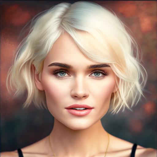 fashion model with short blond hair, photo realistic, eye colour like Jennifer Connely has, smiling, looking straight at you, 200mm