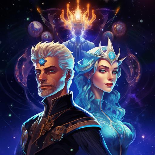 create an image of a galactic king and queen ruling over the universe in outerspace. shooting stars and galaxies all around them. the king has short white hair and bright blue eyes. the queen has blonde hair and bright green eyes. together they are a cosmic union. imaginative, beautiful, colorful, futuristic, royal, magic, extraterrestrial, psychadellic, abstract, tapestry