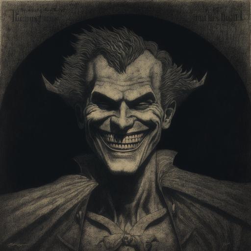 Beksinski, rockwell kent engraving, the joker with fangs, smiling --v 4