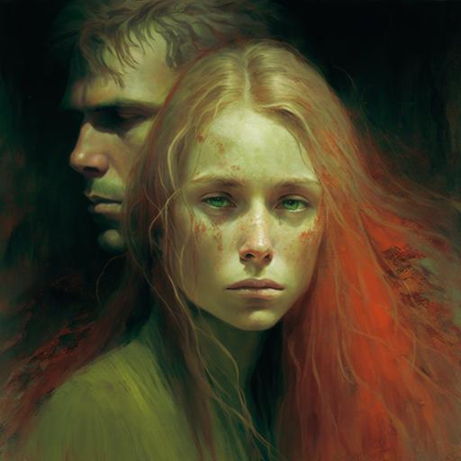 Beksinski-style painting of a beautiful, young, pale woman with green eyes and long, red, wavy hair, who kneels with her hands tied behind her back in front of a young man with short blond hair and green eyes and a short facial hair on his face