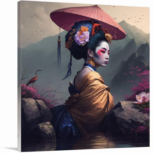 beautiful traditional geisha with a umbrella in a pond sitting on a rock with mountains in the back with a crane next to her. Shes looking up towards the sky with flower petals falling down, realism, HD hyper realistic