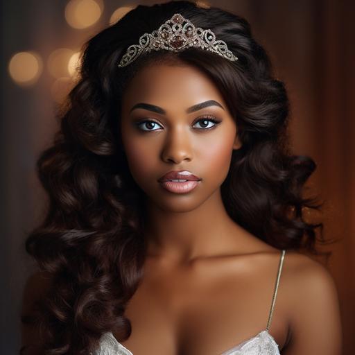 beautiful hazel eyed young black woman with deep rich auburn hair standing in an custom made pearl encrusted wedding dress, wearing a diamond tiara and pearl teardrop earrings , dof, 35mm lens, natural lighting, uplight, natural features, photorealistic